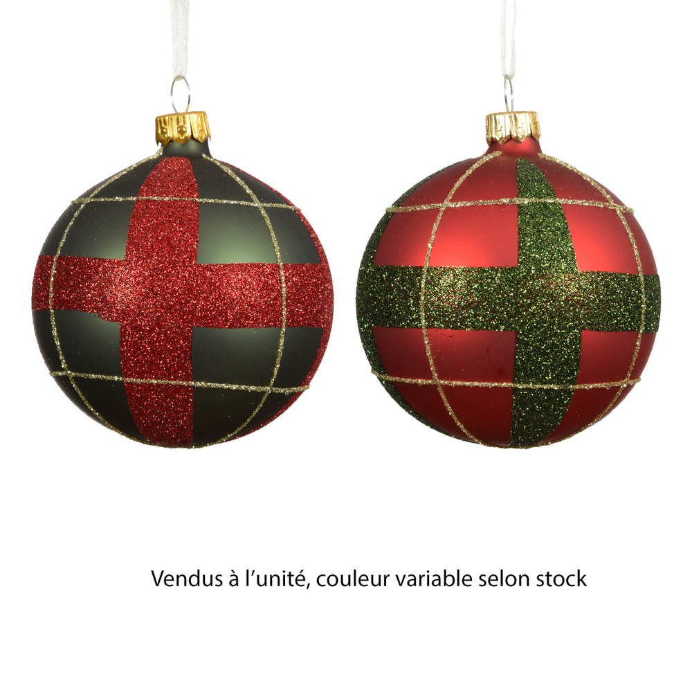 Boule de Noël en verre : motif écossais, coloris vert/rouge/or - D.8cm
