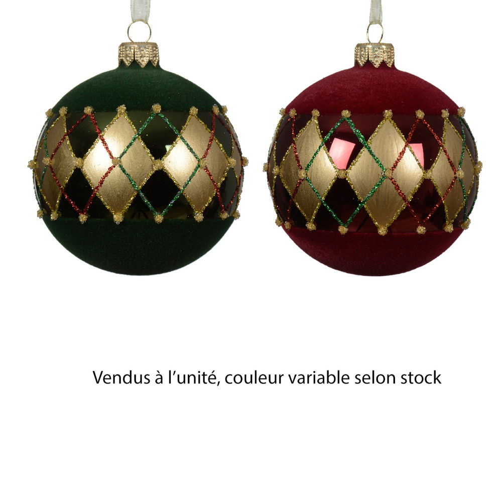Boule de Noël en verre, coloris velours bordeaux/vert - D.8cm