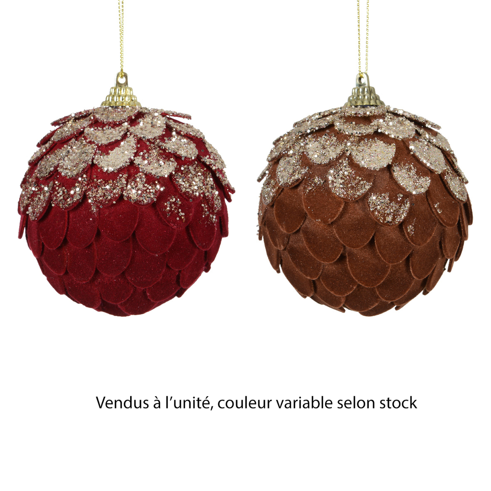 Boule de Noël : motif pomme de pin, coloris rouge/orange - D.8cm