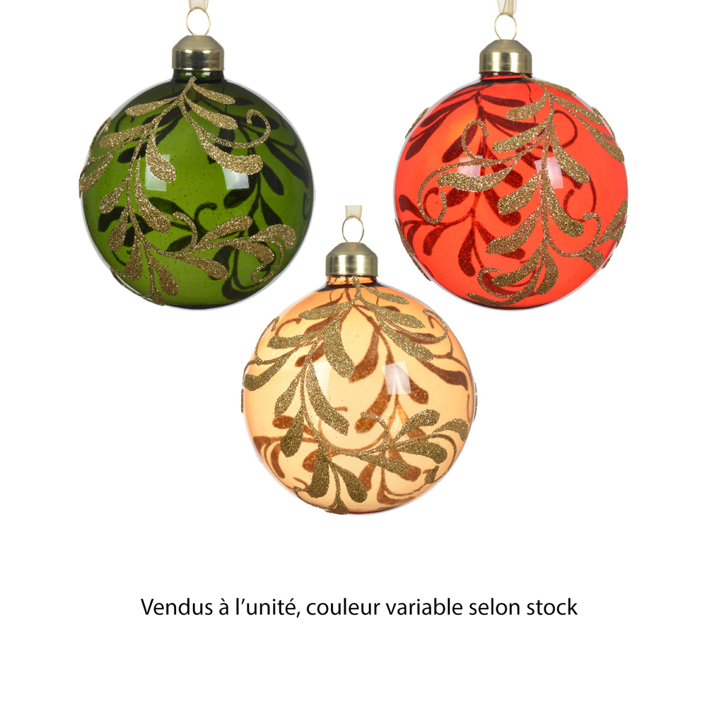 Boule de Noël en verre :branches pailletées, coloris variables - D.8cm