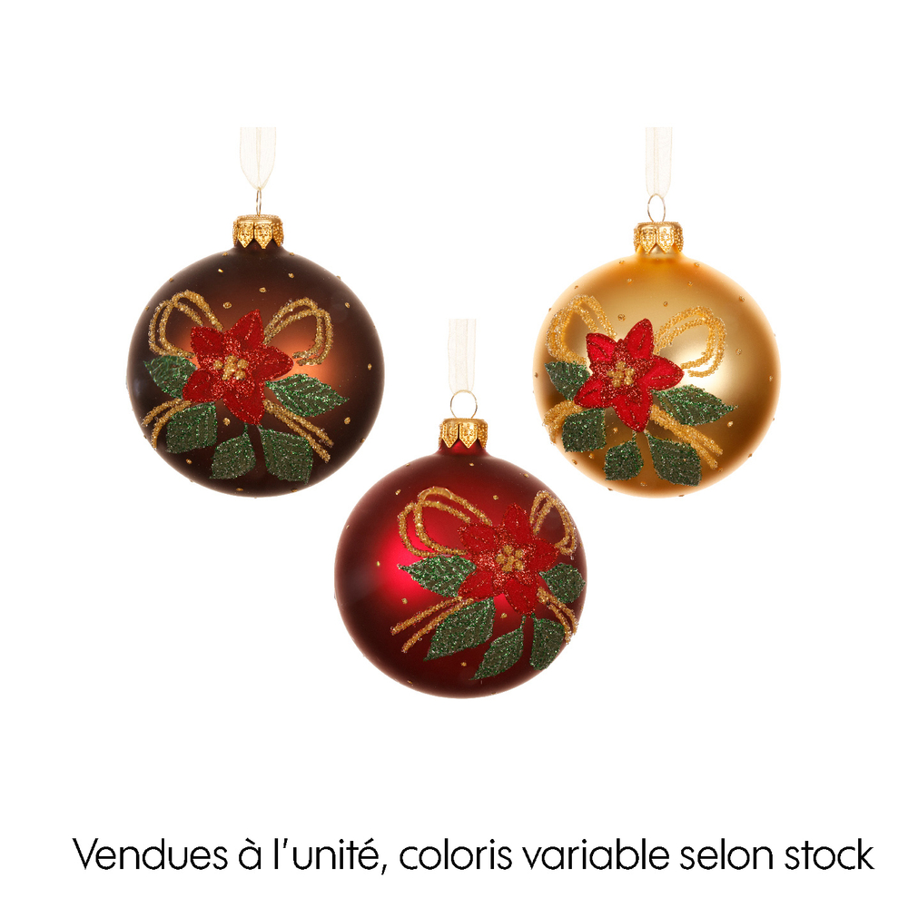 Boule de Noël en verre : motif poinsettia, coloris variables - D.8cm