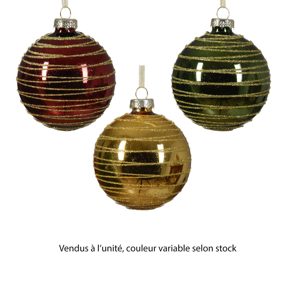 Boule de Noël en verre :torsades pailletées, coloris variables - D.8cm