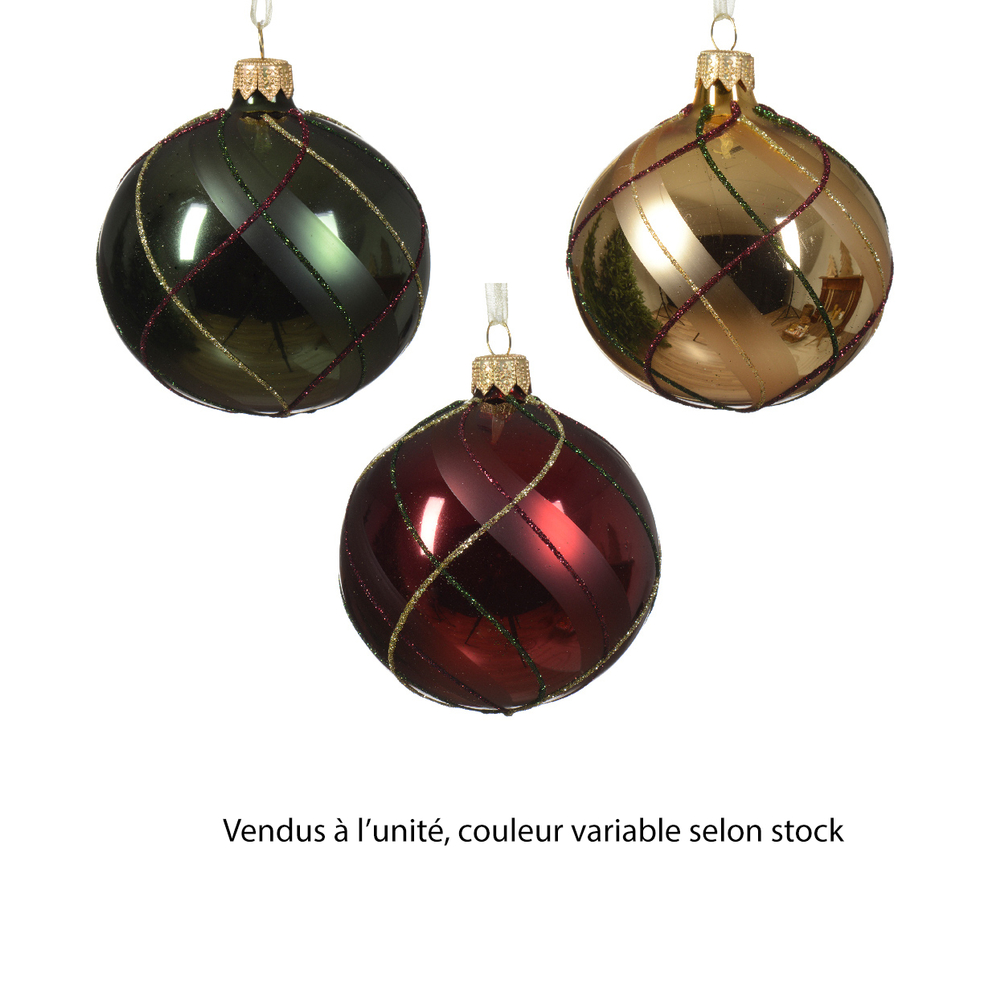 Boule de Noël en verre : lignes pailletées, coloris variables - D.8cm