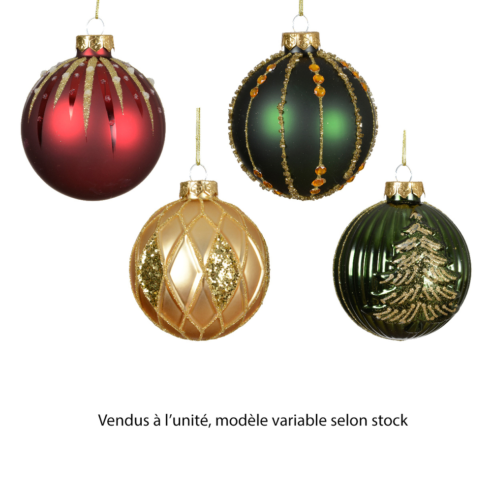 Boule de Noël en verre : avec paillettes, modèles variables - D.8cm