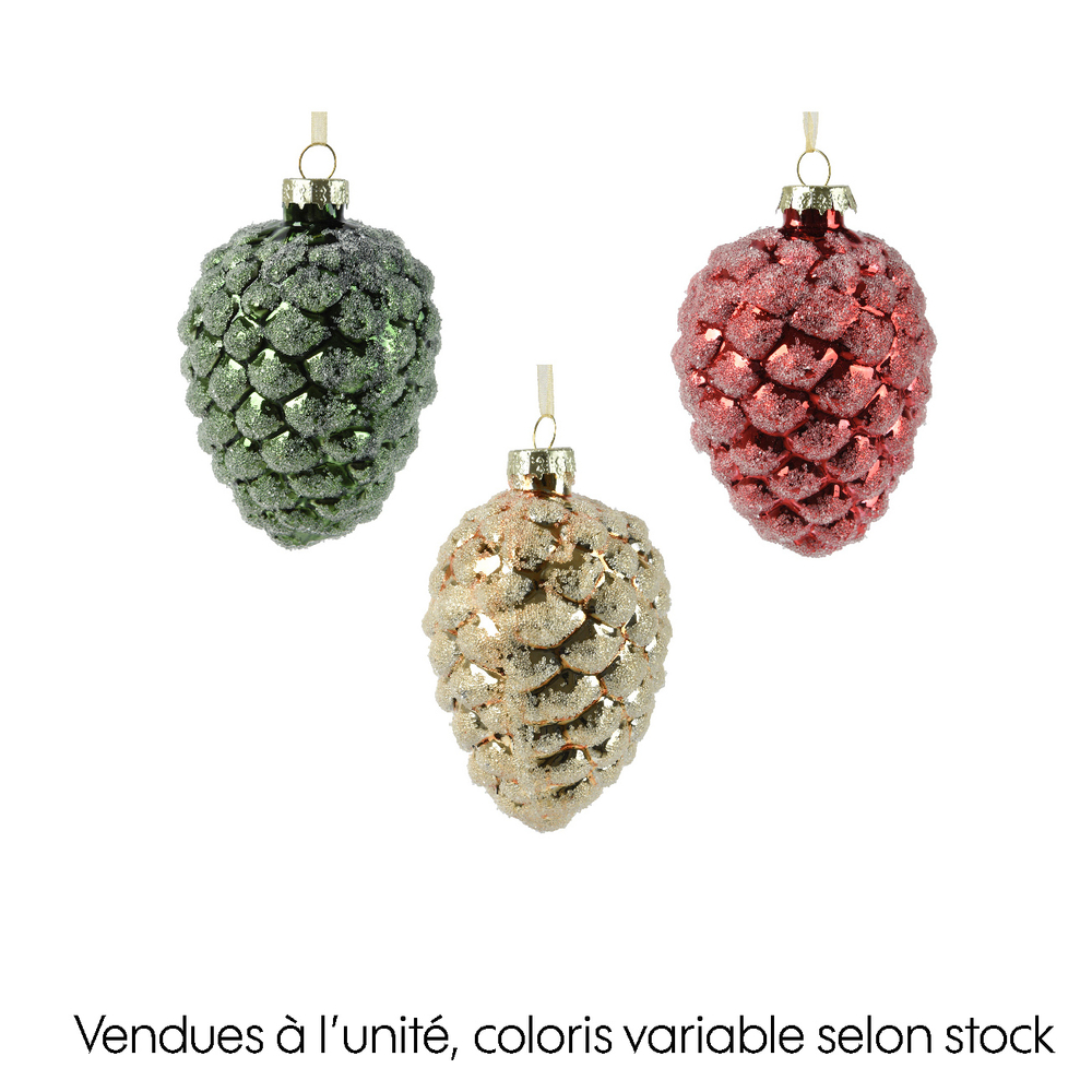 Suspension de Noël en verre : pomme de pin, coloris variés - H.9,7cm