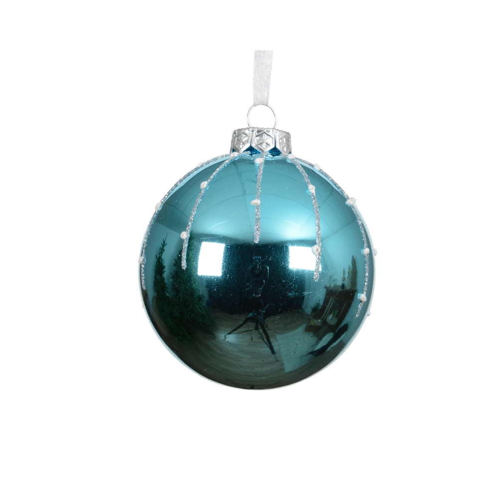 Boule de Noël en verre : avec lignes pailletées, coloris bleu - D.8cm