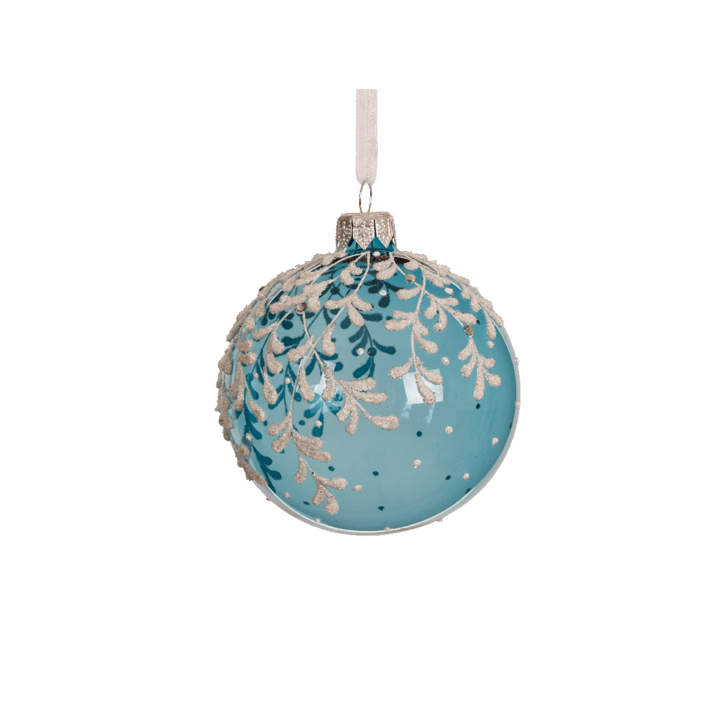 Boule de Noël en verre : motif feuilles, coloris bleu - D.8cm