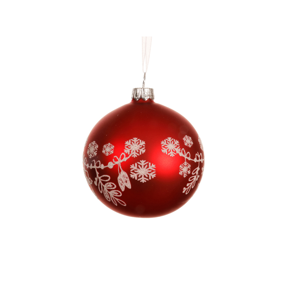 Boule de Noël en verre : pourtour flocons, coloris rouge/blanc - D.8cm
