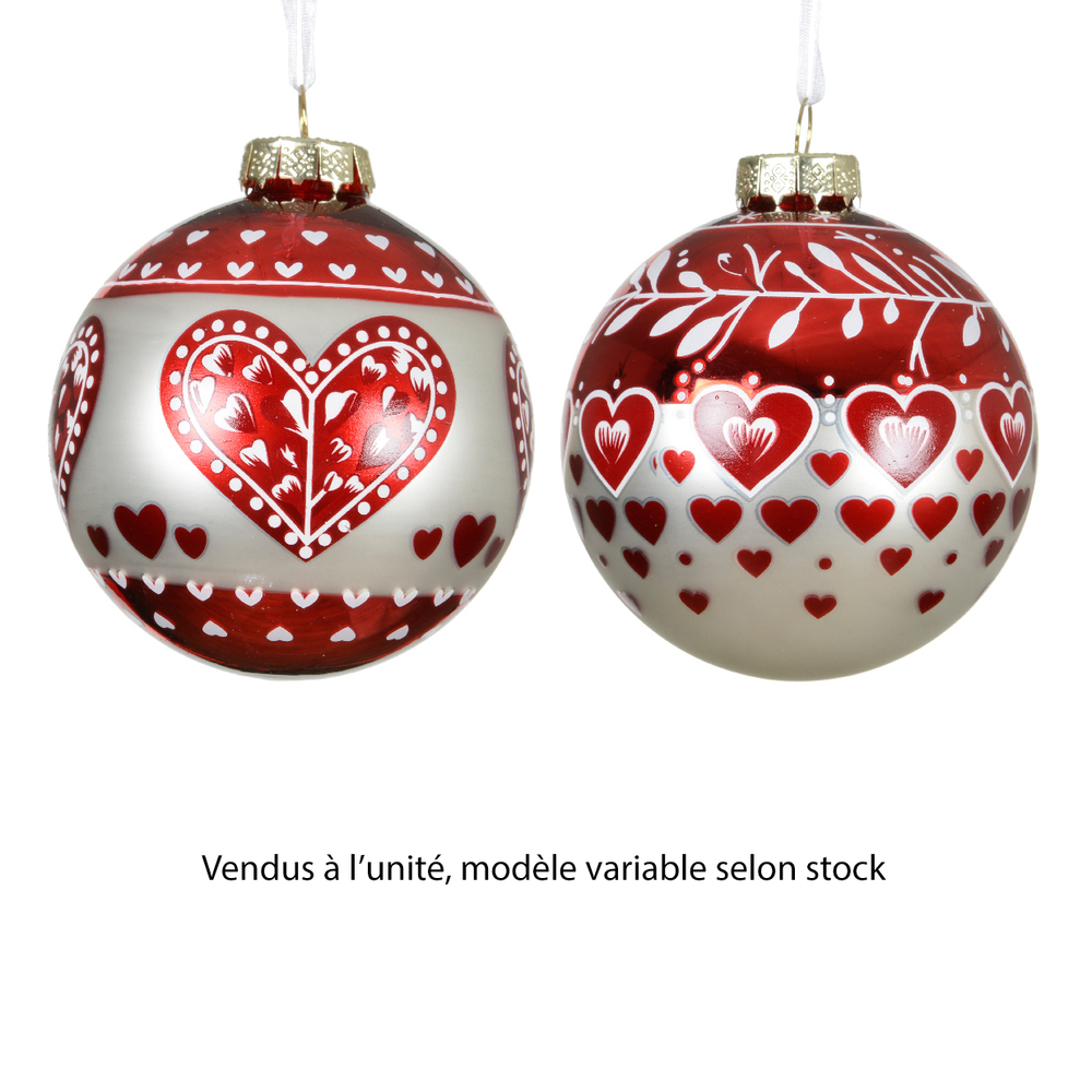 Boule de Noël en verre : imprimé cœur, coloris blanc/rouge - D.8cm