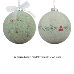 Boule de Noël : motif houx, coloris vert - D.8cm