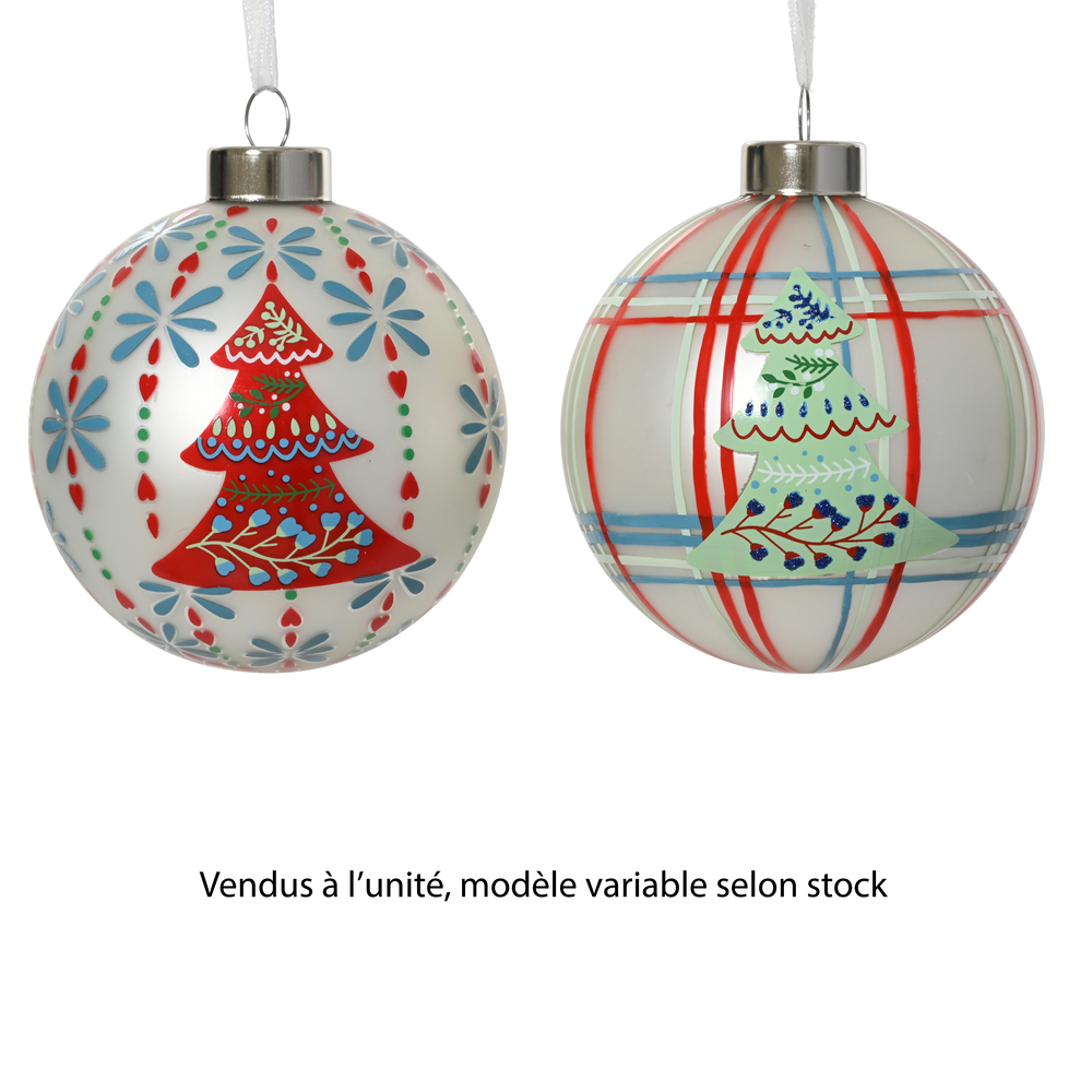 Boule de Noël en verre : motif sapin, modèles variables - D.8cm