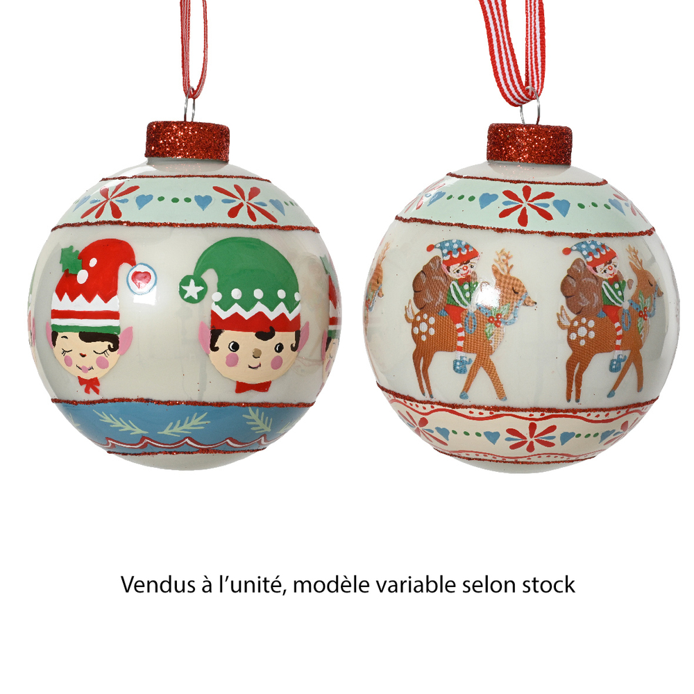Boule de Noël en verre : motifs lutin, coloris blanc - D.8cm