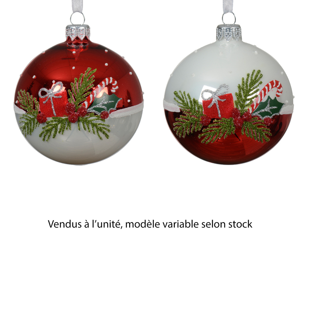 Boule de Noël en verre : motif houx, coloris blanc/rouge - D.8cm