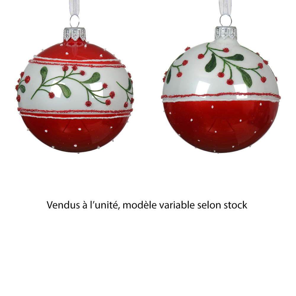 Boule de Noël en verre : pourtour baies, coloris blanc/rouge - D.8cm
