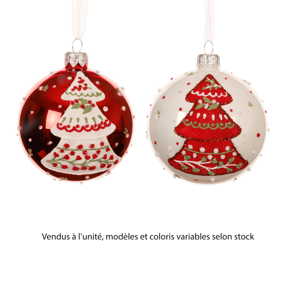 Boule de Noël en verre : motif sapin, coloris blanc/rouge - D.8cm