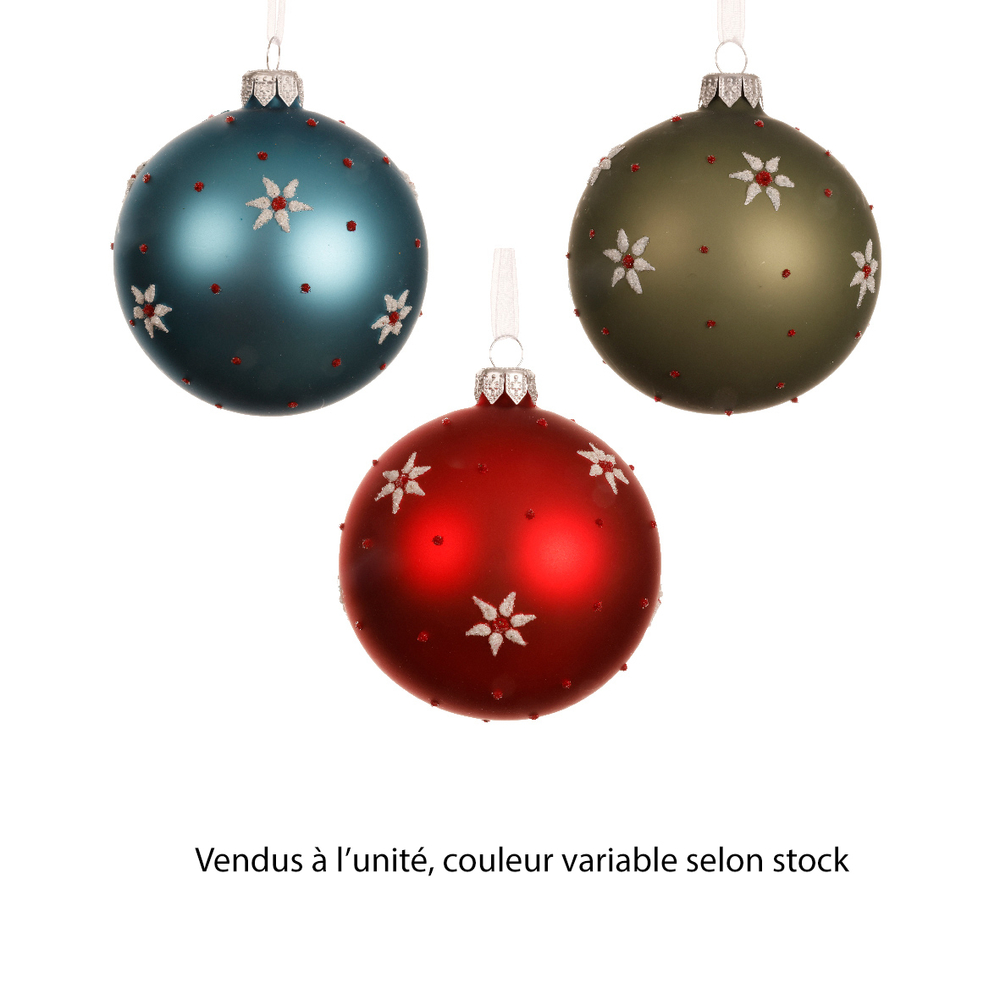 Boule de Noël en verre : motif fleurs, coloris variables - D.8cm