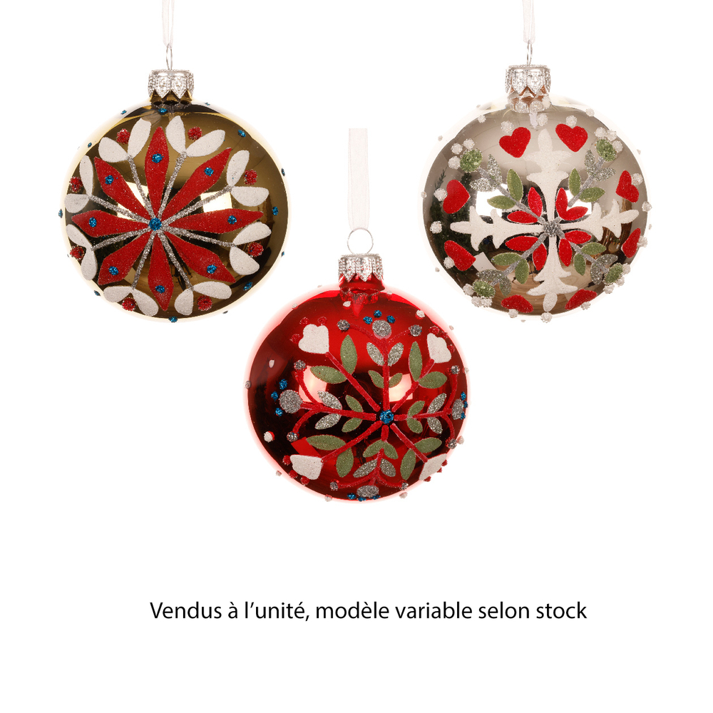Boule de Noël en verre : motif folklore, modèles variables - D.8cm