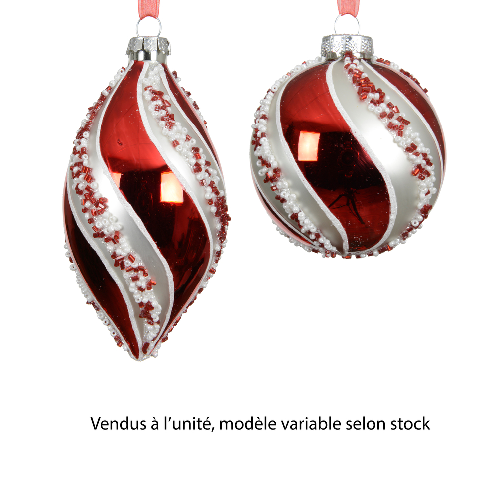 Boule de Noël en verre : motif torsade, coloris rouge/argent - D.8cm