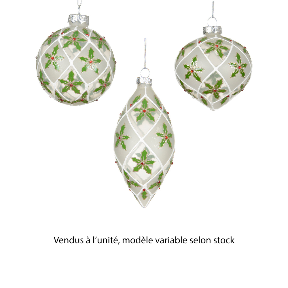 Suspension de Noël en verre : motifs houx, coloris vert/blanc - D.8cm