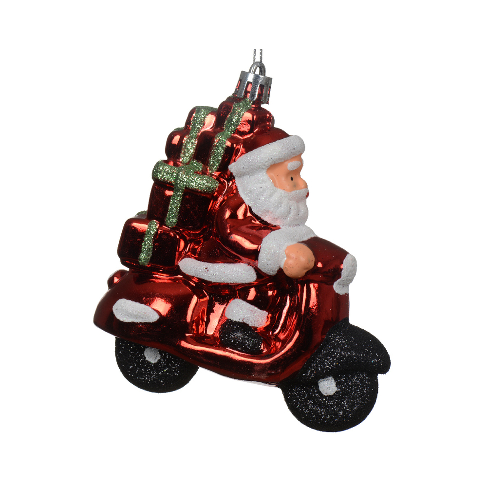 Suspension pour sapin : père Noël en scooter, coloris mixte - H.10cm