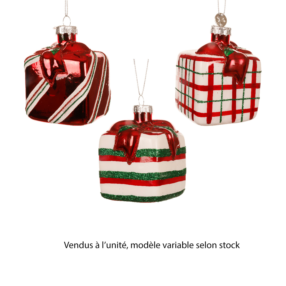 Suspension de Noël en verre : boîte cadeau, modèles variables - H.8cm