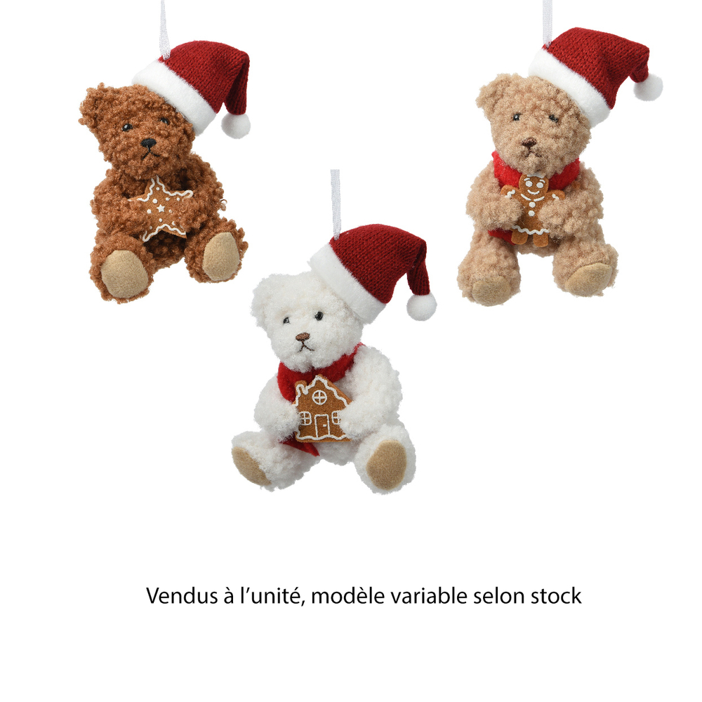 Suspension de Noël : ours avec bonnet, modèles variables - H.12cm