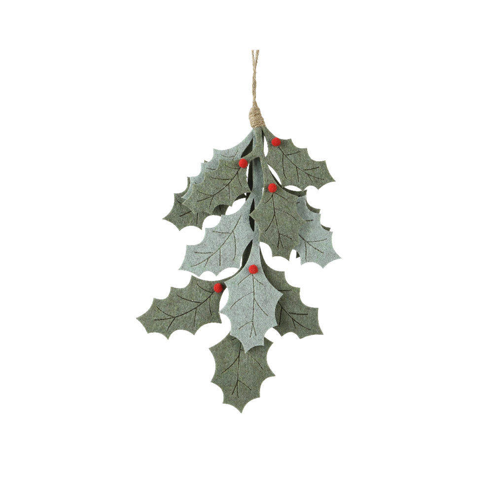 Suspension de Noël : branche houx, coloris vert/rouge - H.28cm