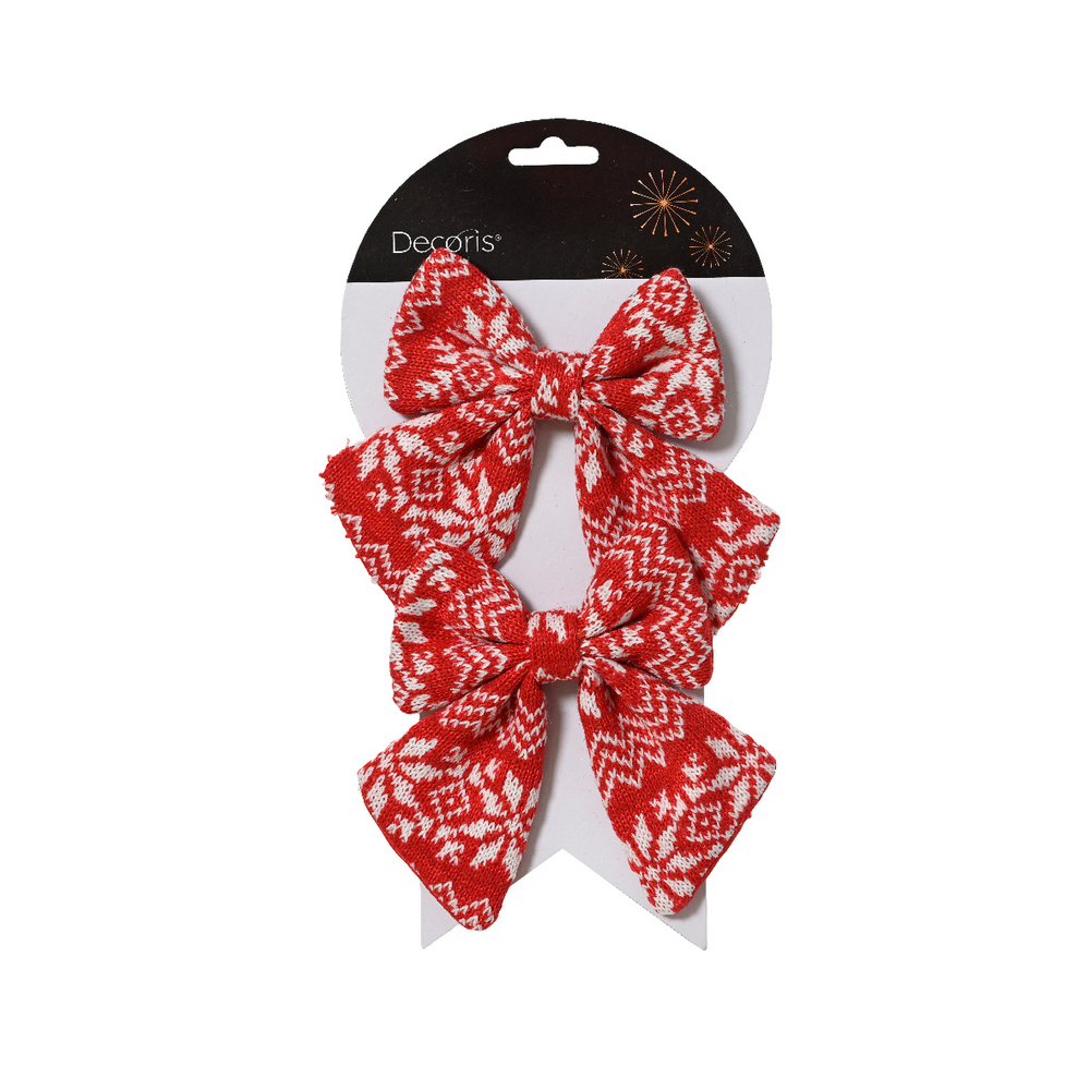 2 suspensions de Noël : nœud avec motifs, coloris rouge/blanc - H.13cm