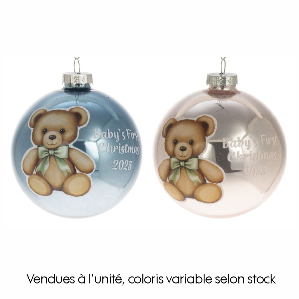 Boule ours 1er Noël en verre, coloris mixte - D.8cm