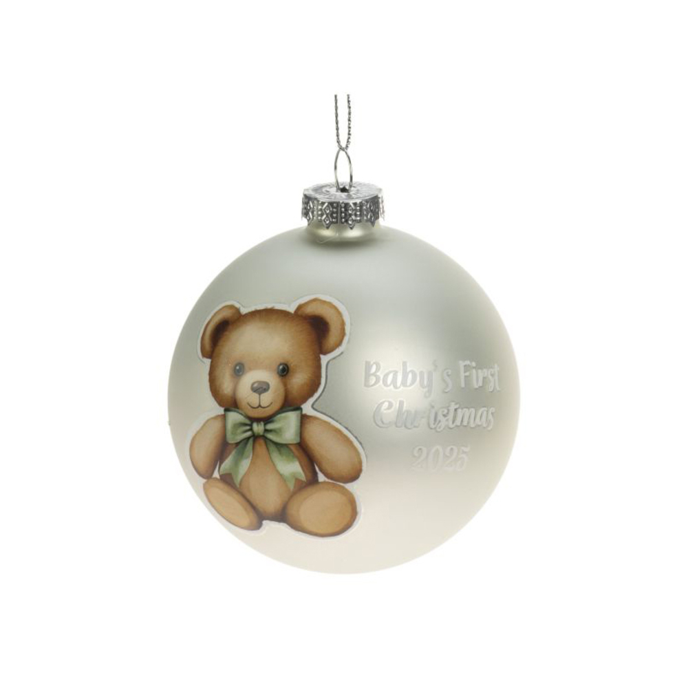 Boule ours 1er Noël en verre, coloris blanc - D.8cm