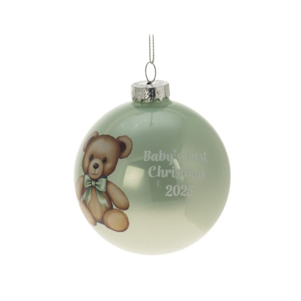 Boule ours 1er Noël en verre, coloris vert - D.8cm