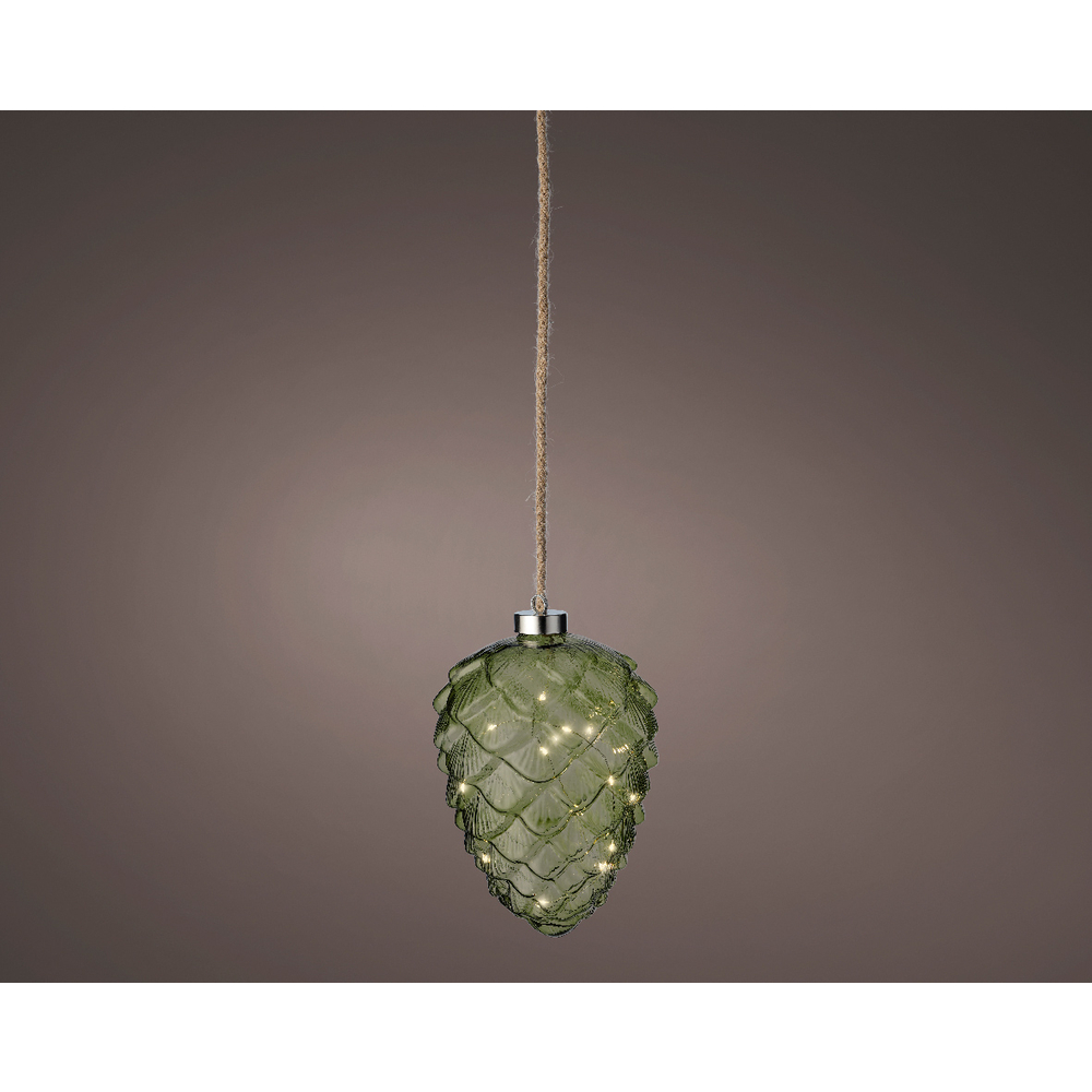 Pomme de pin en verre, intérieur, led blanc chaud, coloris vert - 21cm