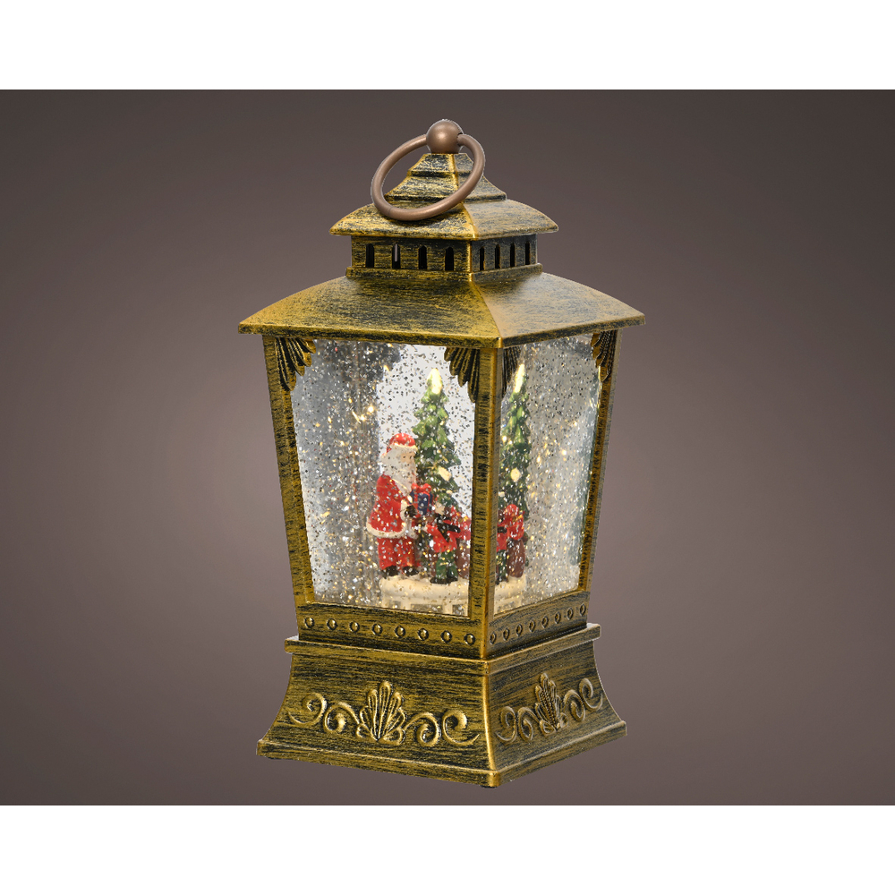 Lanterne de Noël or avec neige, intérieur, led blanc chaud - H.24cm