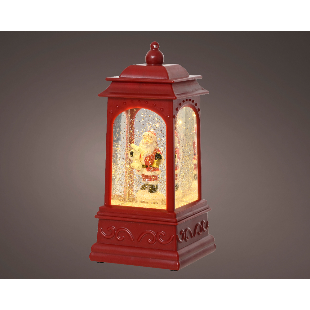 Lanterne de Noël rouge avec neige, intérieur, led blanc chaud - 20,5cm