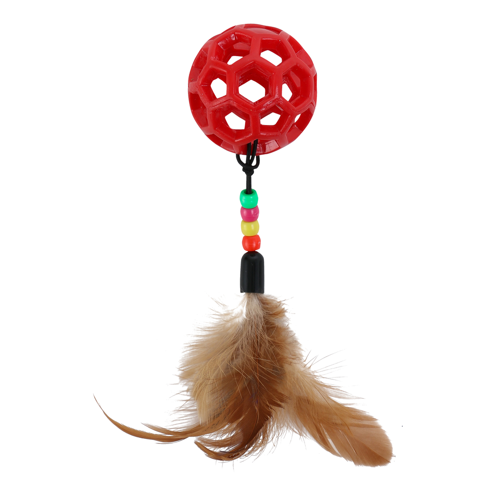 Jouet pour chat : balle avec une queue, perles et plumes - H.25cm