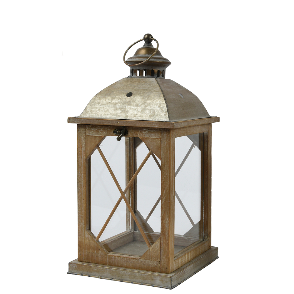 Lanterne en bois, coloris marron - H.42cm