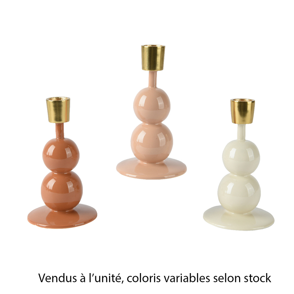 Bougeoir deux boules avec détails dorés, coloris variables - H.15cm