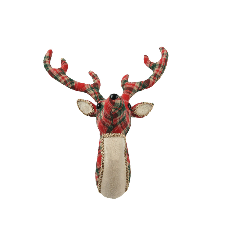 Support mural : tête de cerf, motif tartan, coloris rouge - H.55cm