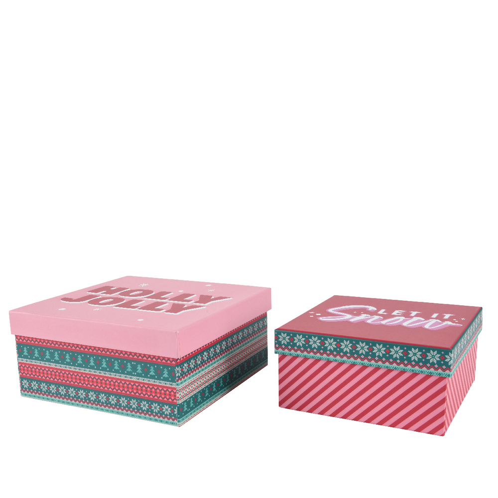 Boîte cadeau cartonnée, coloris rose/vert variable