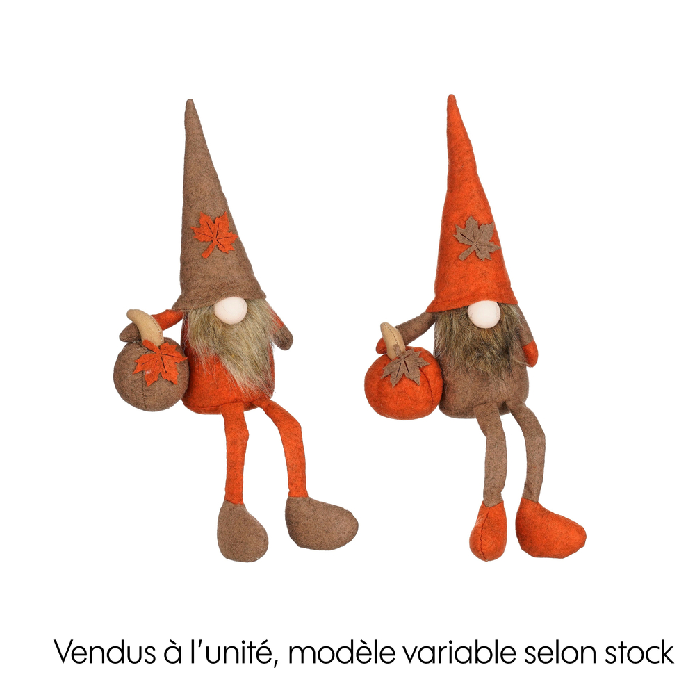 Gnomes assis, coloris marron/orange, modèle variable - L.19cm