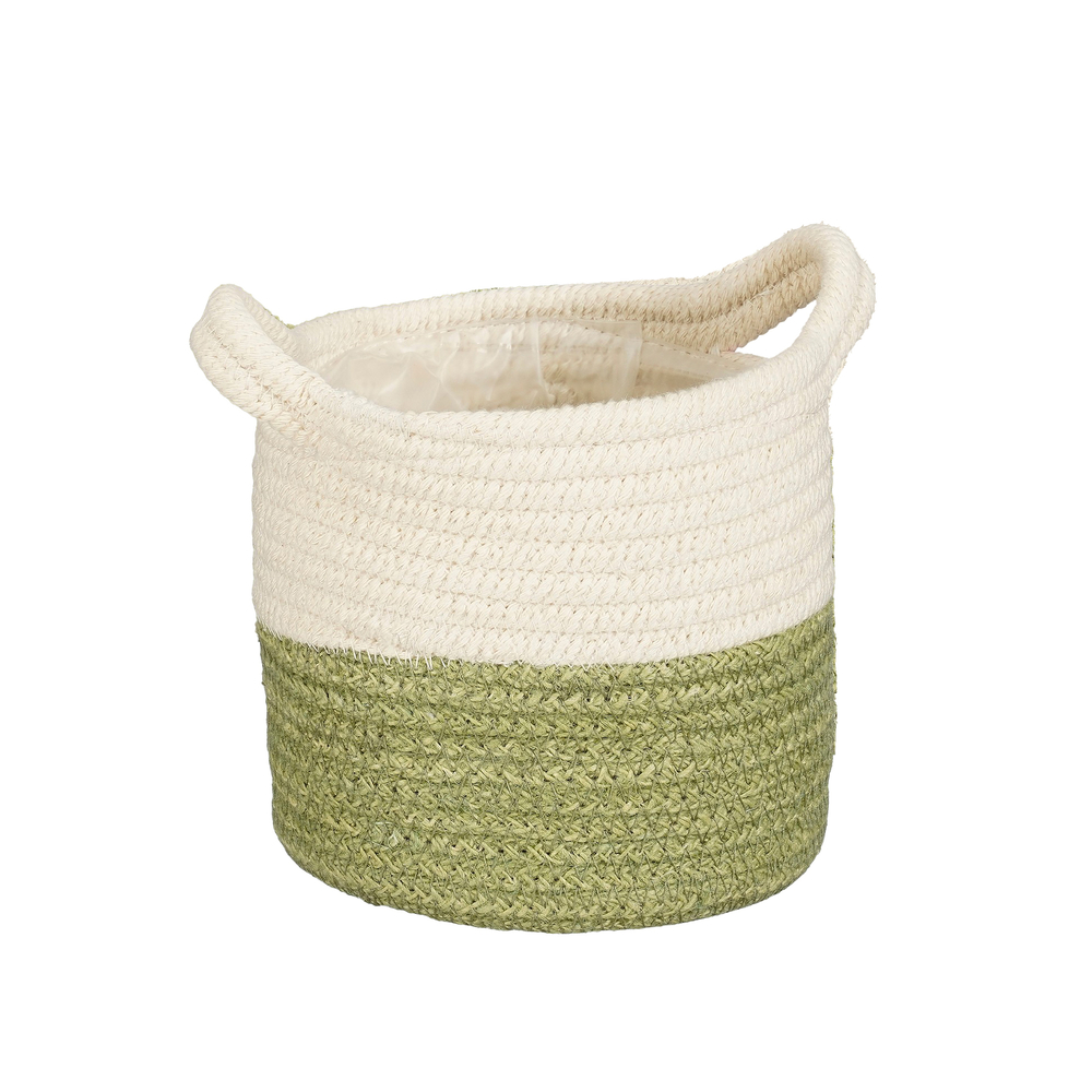 Panier rond 'Lizet', en jonc, coloris vert/blanc - H.16cm