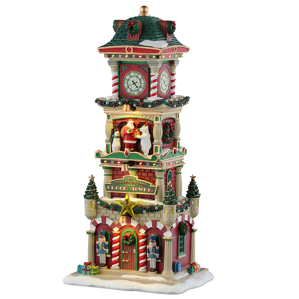 Scène animée, Santas : tour de l'horloge place du village - H.28,8cm