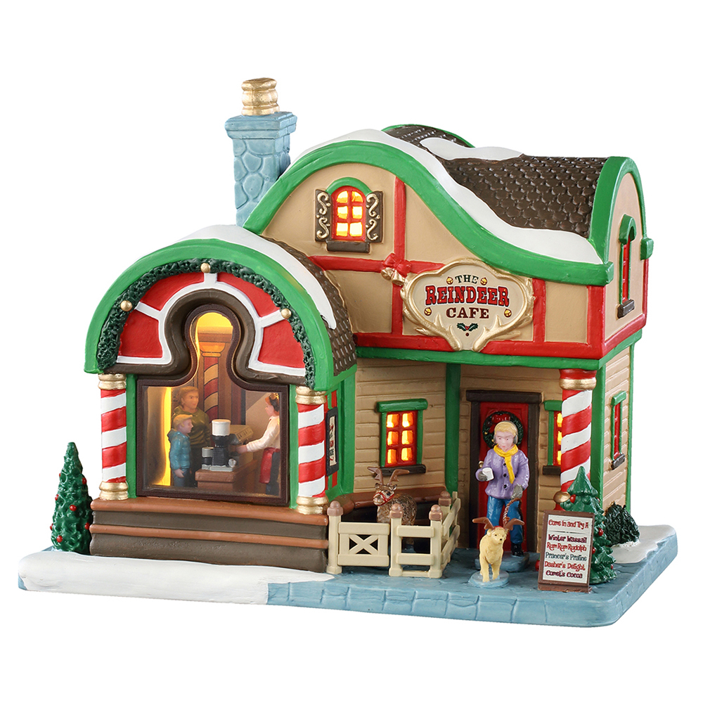 Scène animée en porcelaine, Vail village, le café du renne - H.17cm