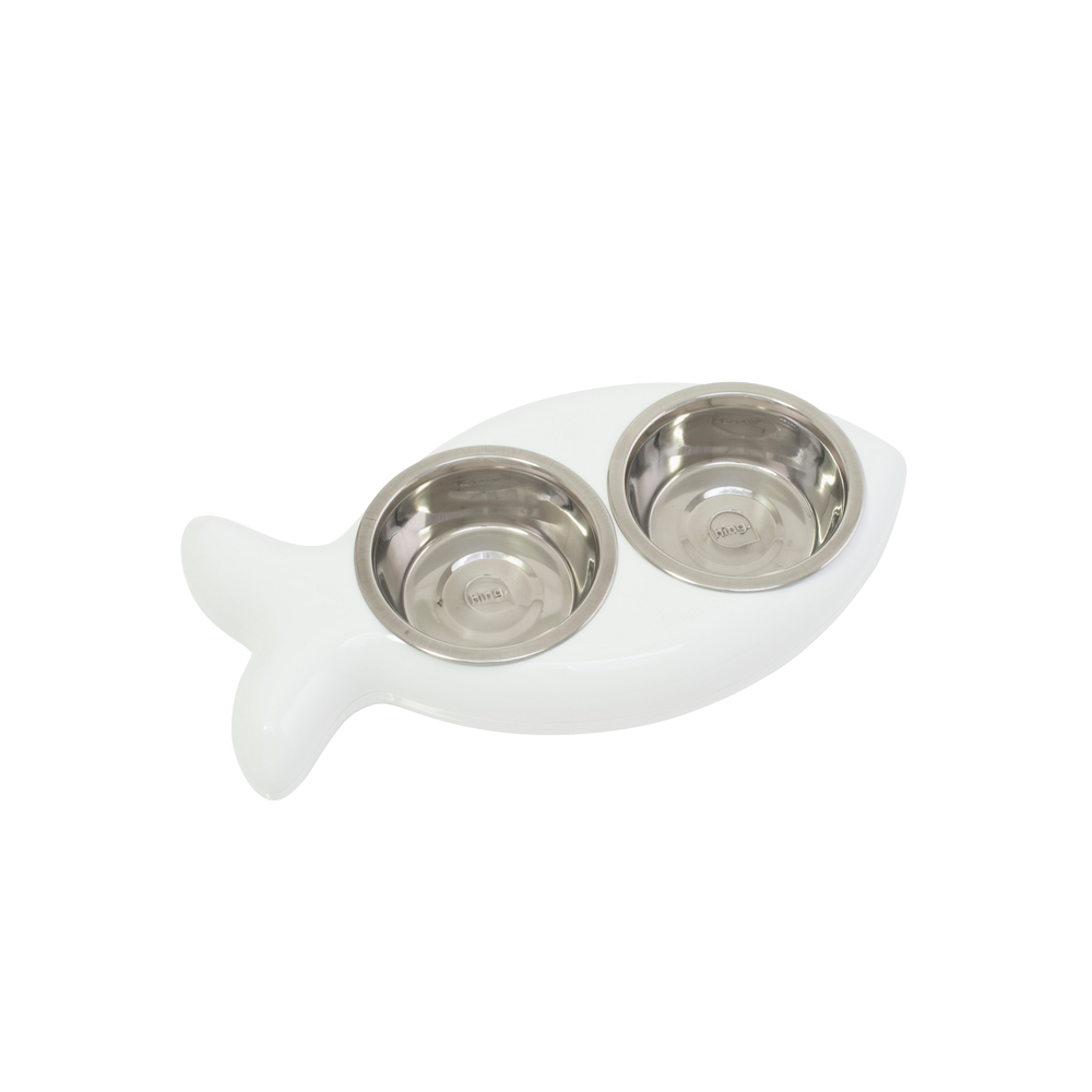 Gamelle double pour chat, design poisson, coloris blanc - 250ml