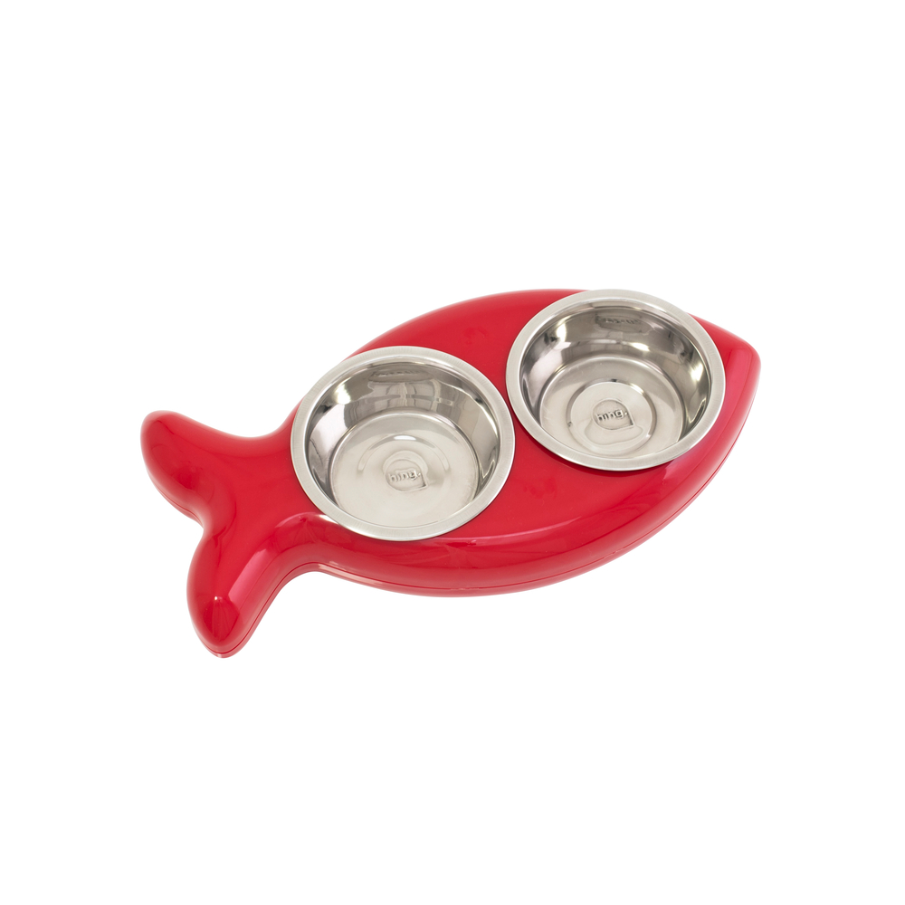 Gamelle double pour chat, design poisson, coloris rouge - 250ml