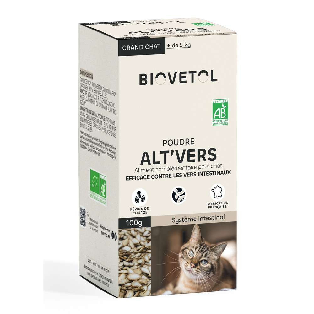 Poudre Alt'vers bio pour grand chat - 100g