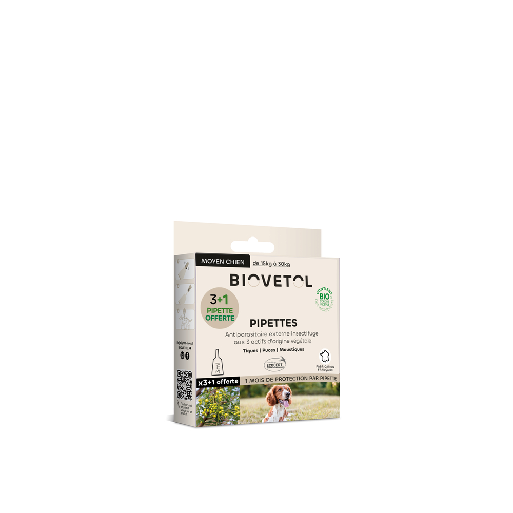 Pipette antiparasitaire bio, chien taille moyenne : 3ml - 3+1 offerte