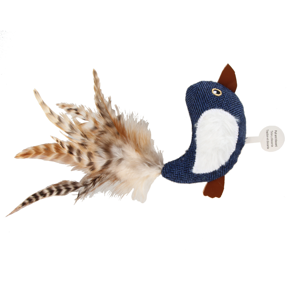 Jouet pour chat : petit oiseau à plumes, coloris bleu - L.10cm