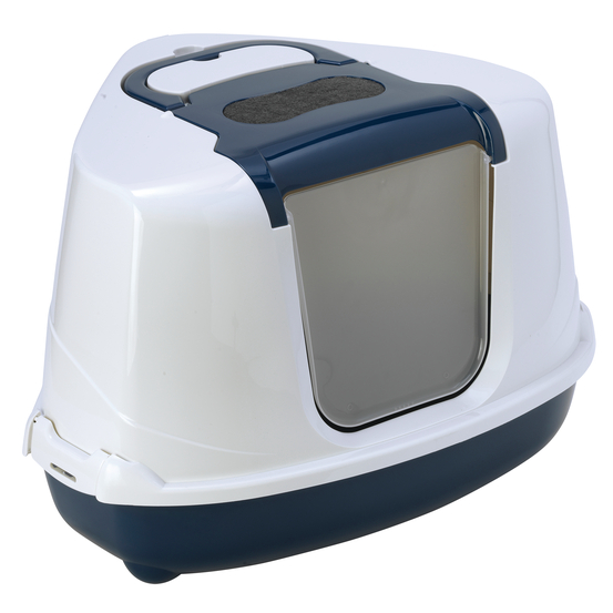 Bac à litière pour chat 'Cosy corner', blanc/bleu - L.56,3xH.36,4cm