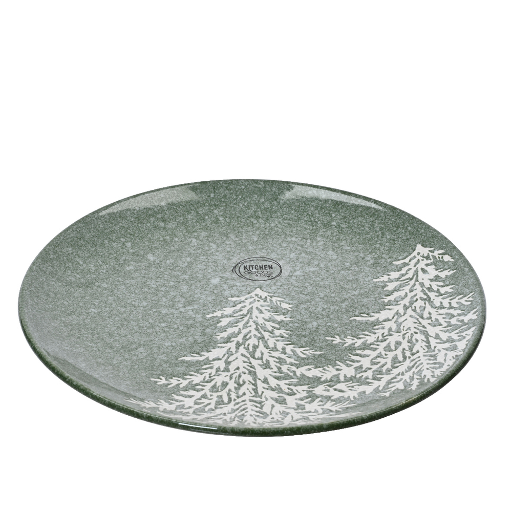 Assiette plate en grès, avec décors sapins, coloris vert - D.20cm